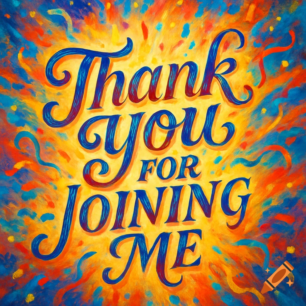Colorful, painterly text spelling out 'Thank you for joining me' on a vibrant, abstract background of yellow, orange, blue, and red.