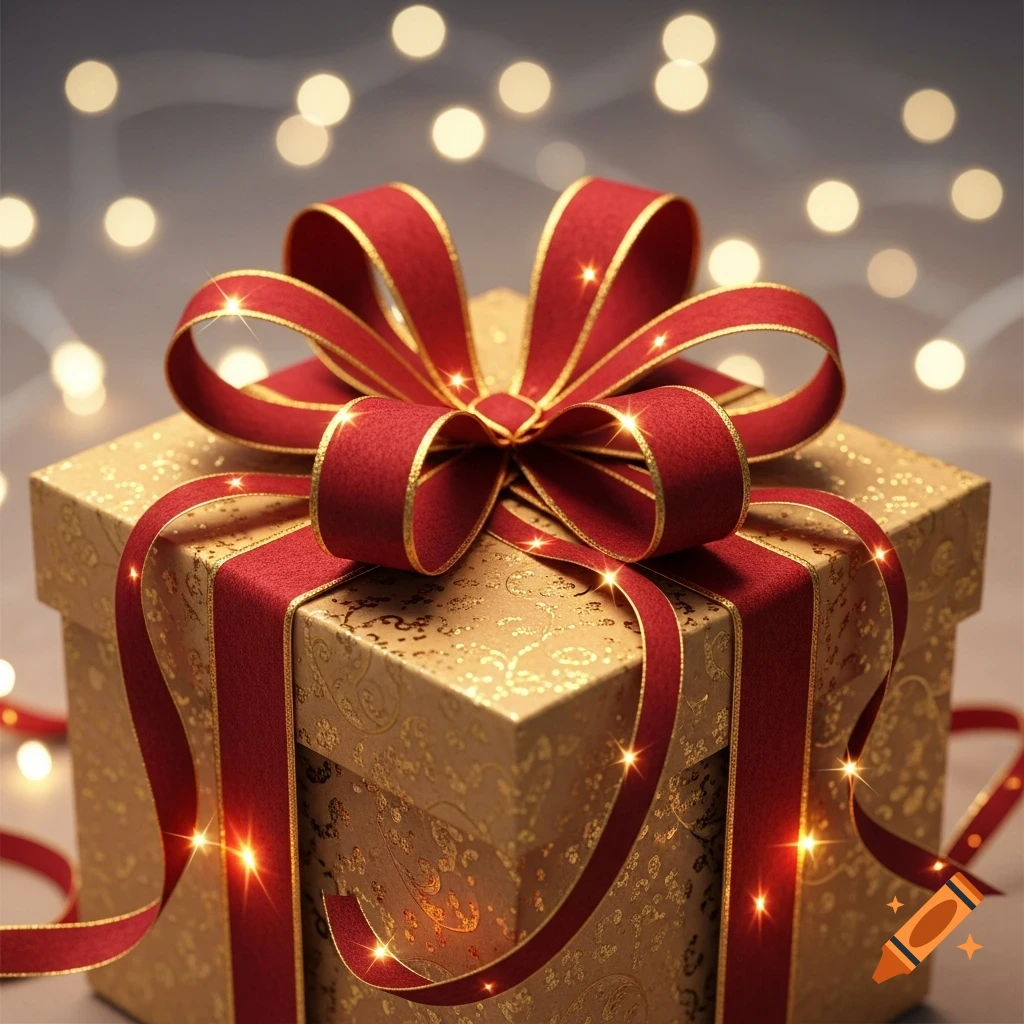 A golden gift box with a textured pattern, wrapped with a rich red ribbon and bow, set against a blurred background of sparkling bokeh lights.