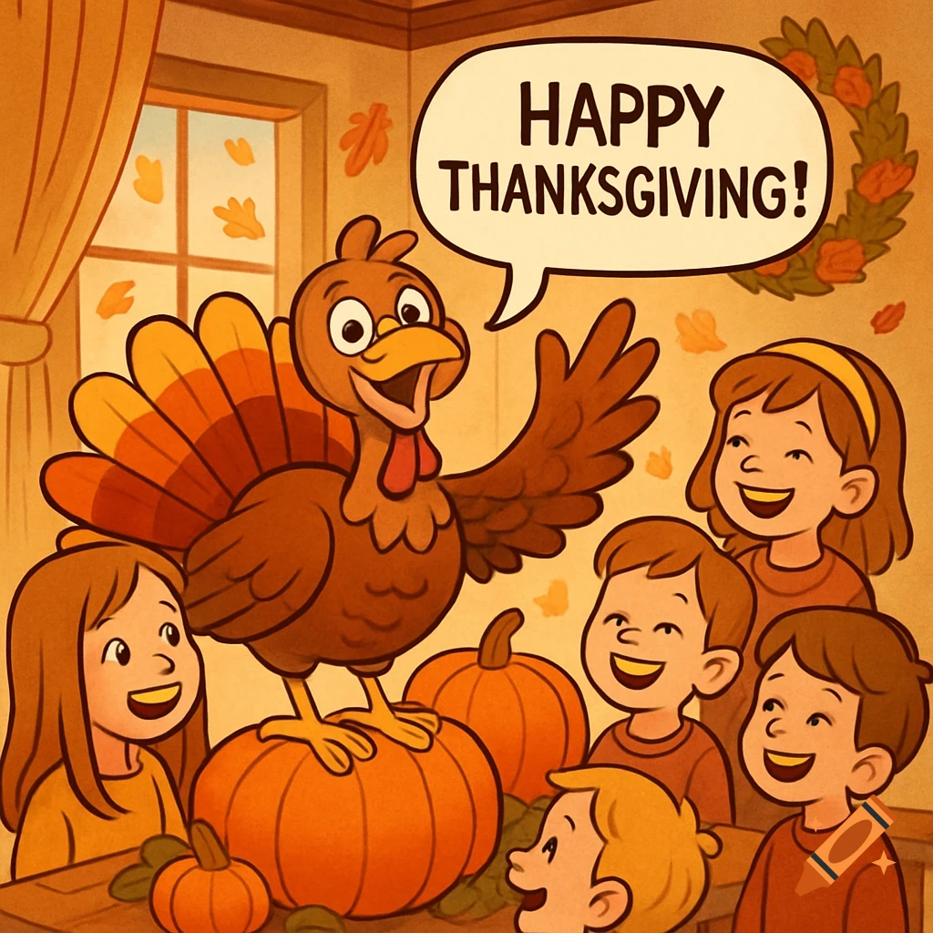 A cartoon turkey stands on a pumpkin, saying 'Happy Thanksgiving!' to a group of smiling children in a warm, fall-themed room.