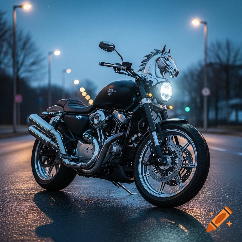 A custom black motorcycle with a shiny chrome horse-head headlight and dual exhausts is parked on a wet street at dusk, with blurred streetlights in the background. Photorealistic style.