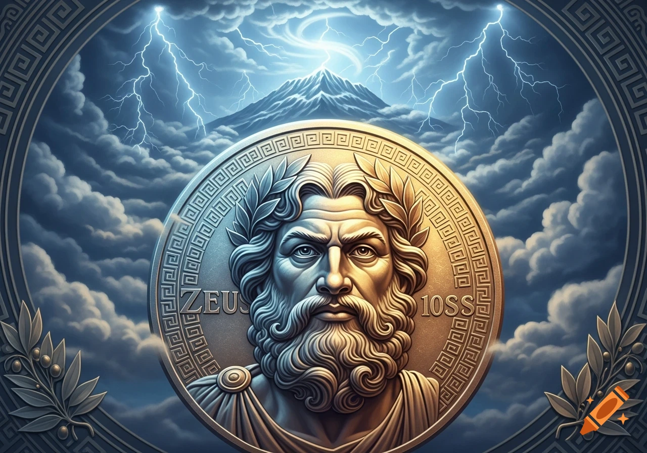 A detailed coin depicting Zeus with a beard and laurel wreath, set against a stormy sky with lightning striking a mountain.
