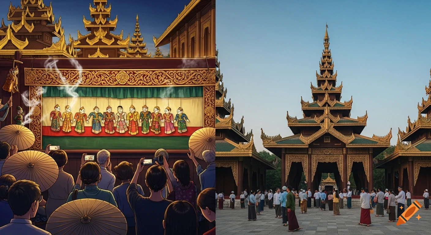 A split image shows a digital painting of a Burmese puppet show on the left and a photo of people near a traditional temple on the right.