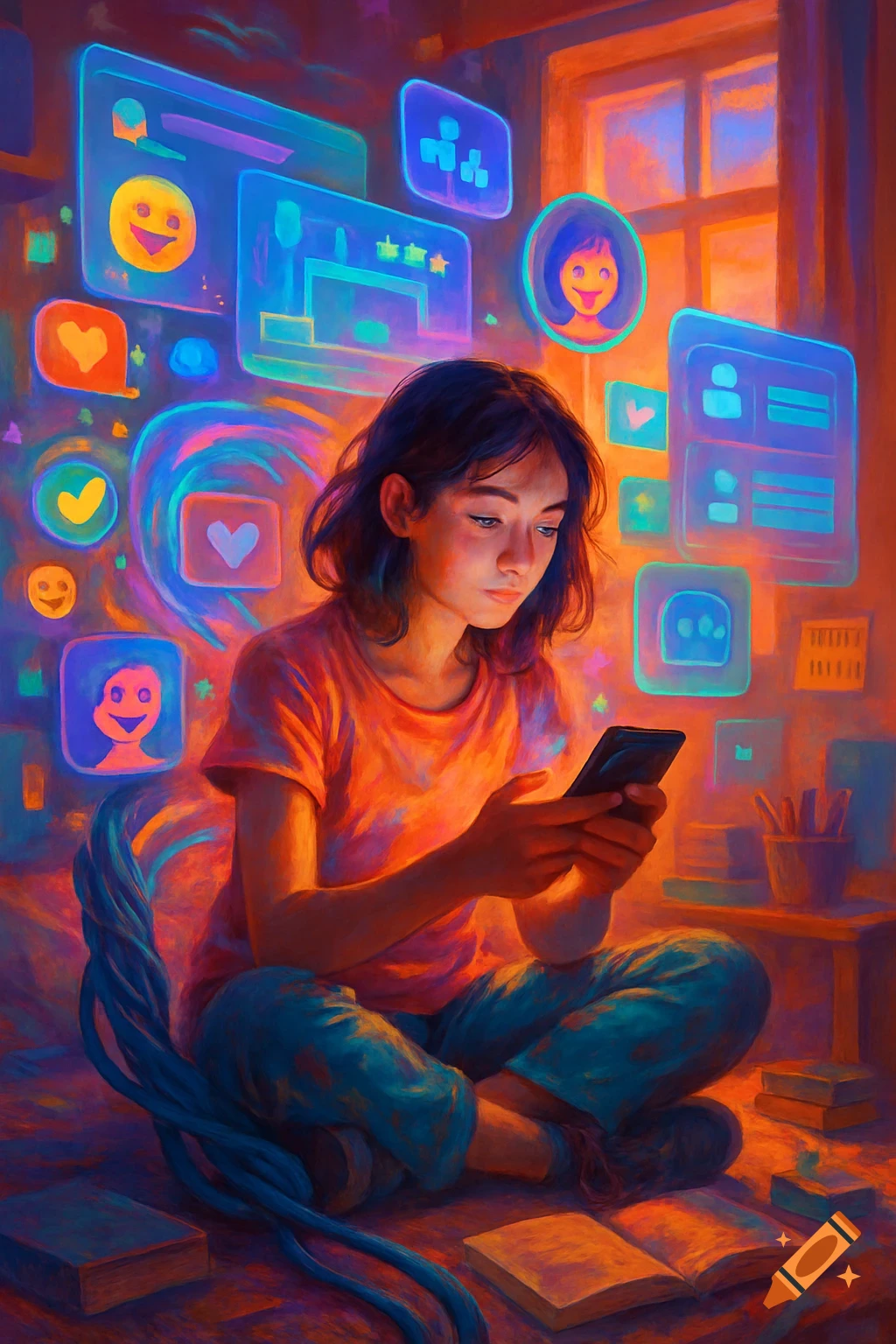 A young person sits cross-legged, looking at a smartphone, surrounded by glowing social media icons in a digital painting style.