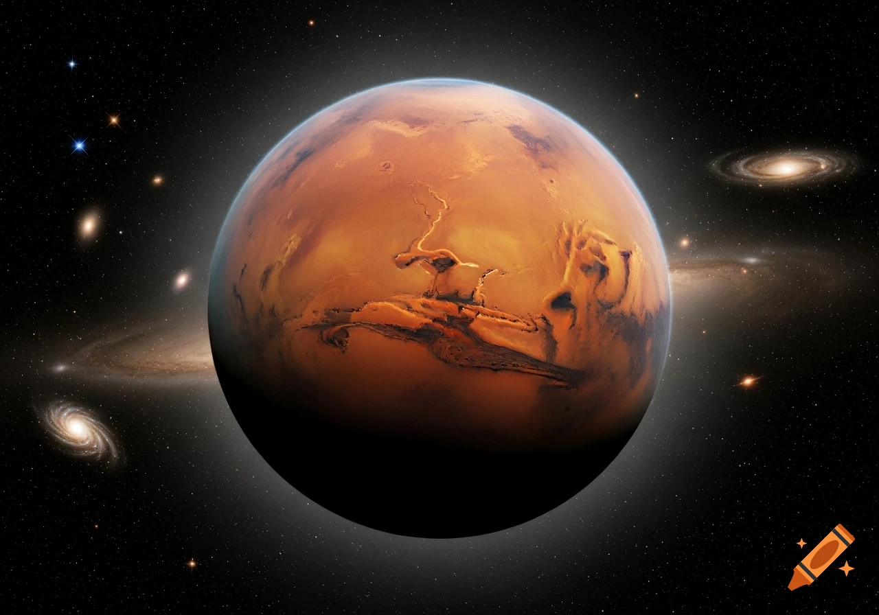 A detailed, vibrant depiction of the planet Mars with its reddish, marbled surface, floating in a dark, star-filled cosmic background with visible galaxies.