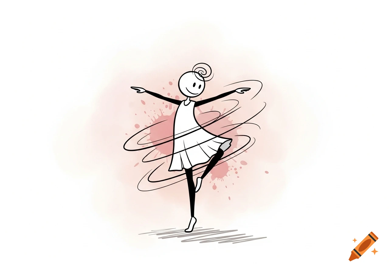 A black stick figure with a smiling face in a white dress dances on one leg, surrounded by swirling lines and pink watercolor splatters on a white background.