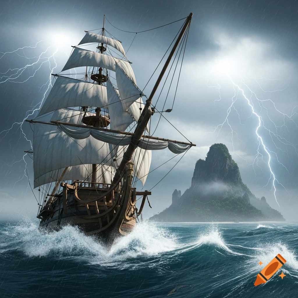 A photorealistic sailing ship battling strong waves during a stormy sea with lightning striking near a mysterious island.