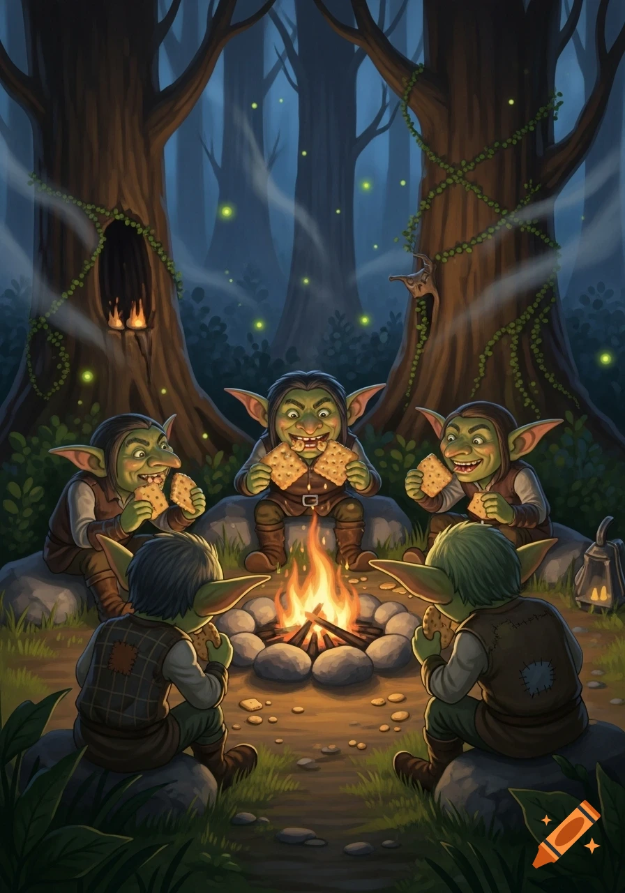 Goblins eating crackers around a campfire in a dark forest with fireflies.