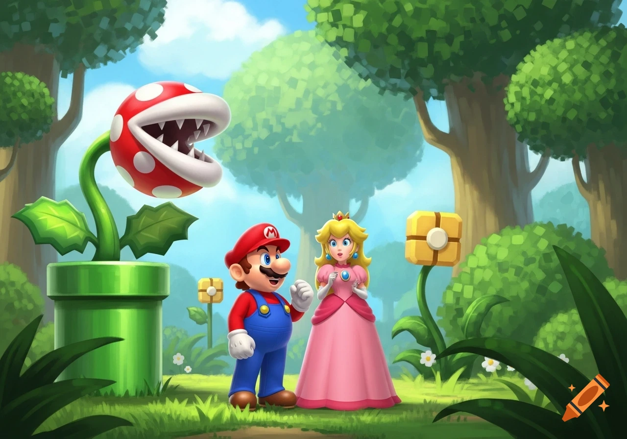 Mario and Princess Peach stand in a bright forest, looking at a large Piranha Plant emerging from a green pipe. Yellow question mark blocks are nearby.