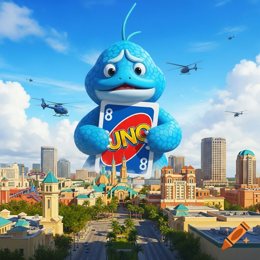 A colossal blue, sad-faced, Sobble-like creature holds a giant blue UNO 8 card over a city skyline with helicopters and palm trees.