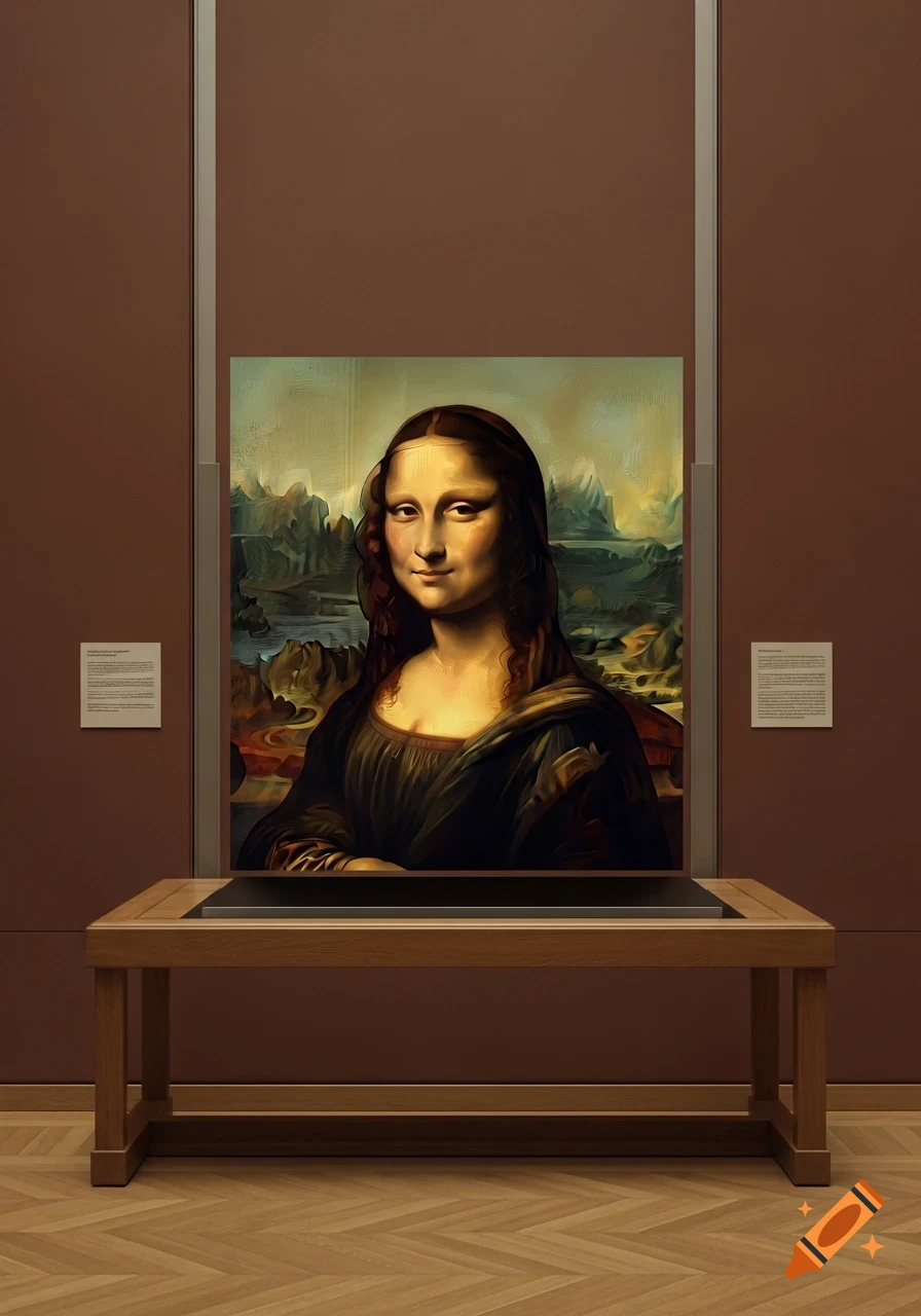 The Mona Lisa painting displayed in a museum gallery, featuring a wooden table and wood floor in the foreground.