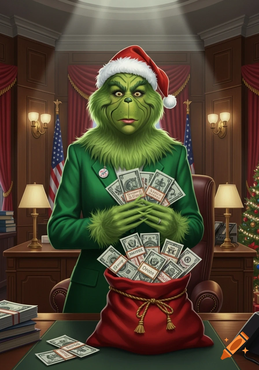 The Grinch in a Santa hat and green suit stands behind a desk, holding wads of money and looking at a bag full of cash. A Christmas tree is in the background.