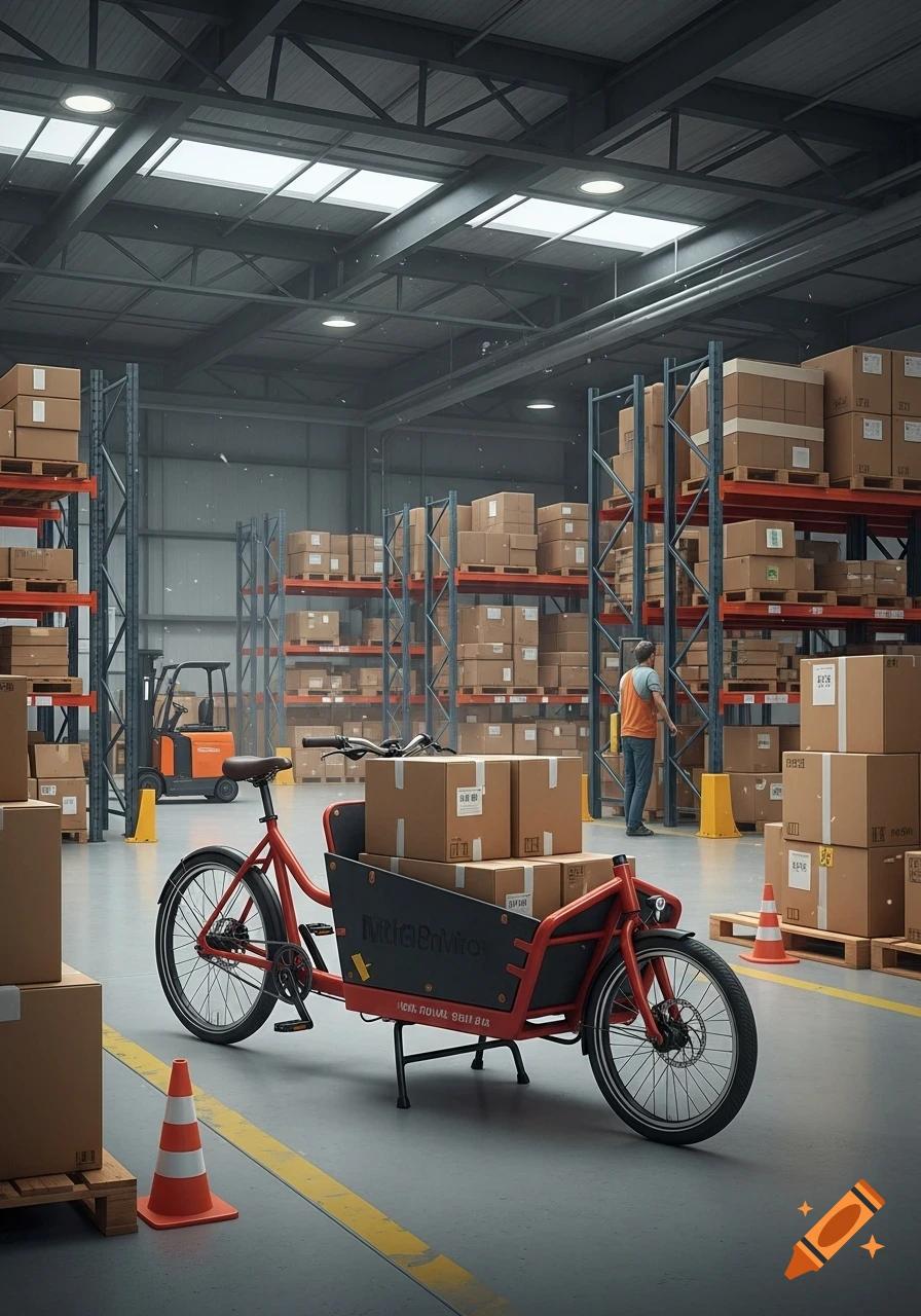 A red cargo bike loaded with boxes in a large warehouse filled with shelves and more boxes, with a worker and forklift in the background.