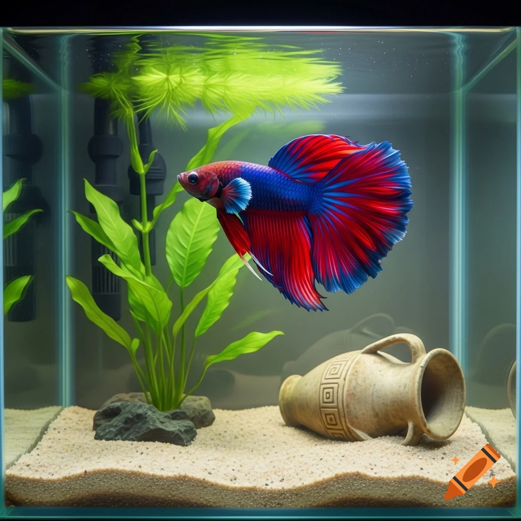 A vibrant red and blue Betta fish swims in a well-lit aquarium with green plants, sand, and a decorative amphora.