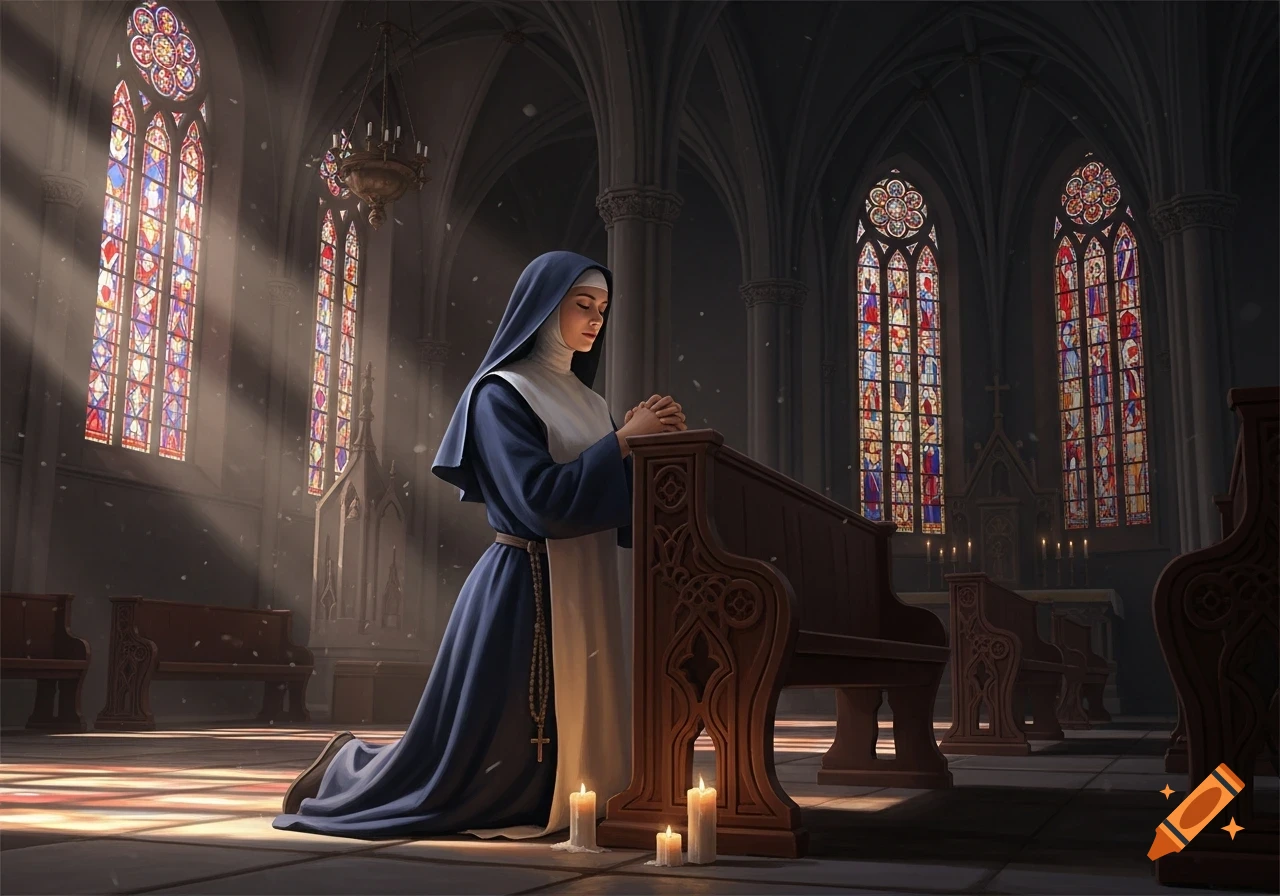 A nun kneels in prayer inside a grand church, illuminated by sunlight through stained glass windows, with lit candles nearby.