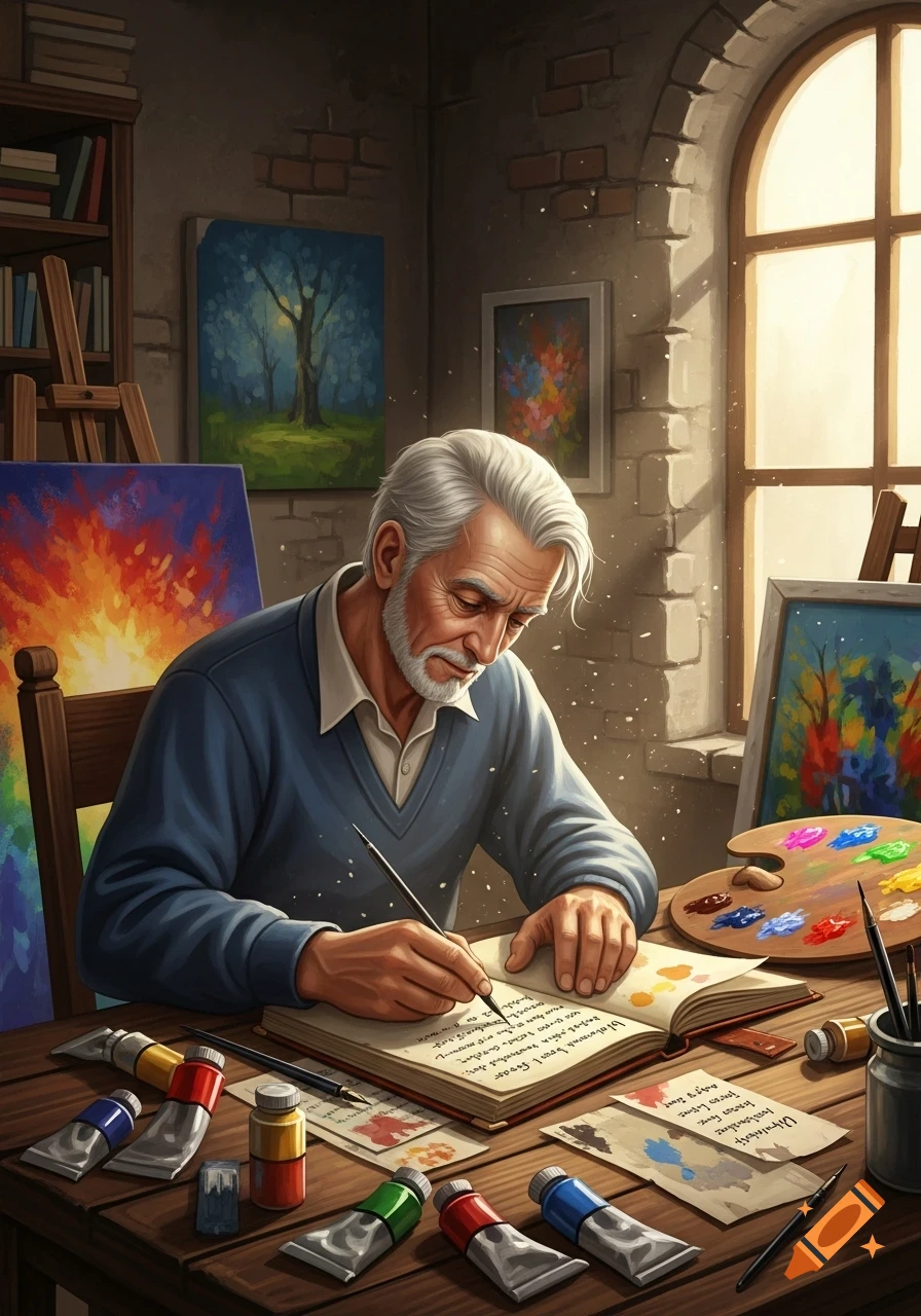 A grey-haired, bearded man in a blue sweater writes in a book at a wooden desk in an art studio, surrounded by paint and canvases.