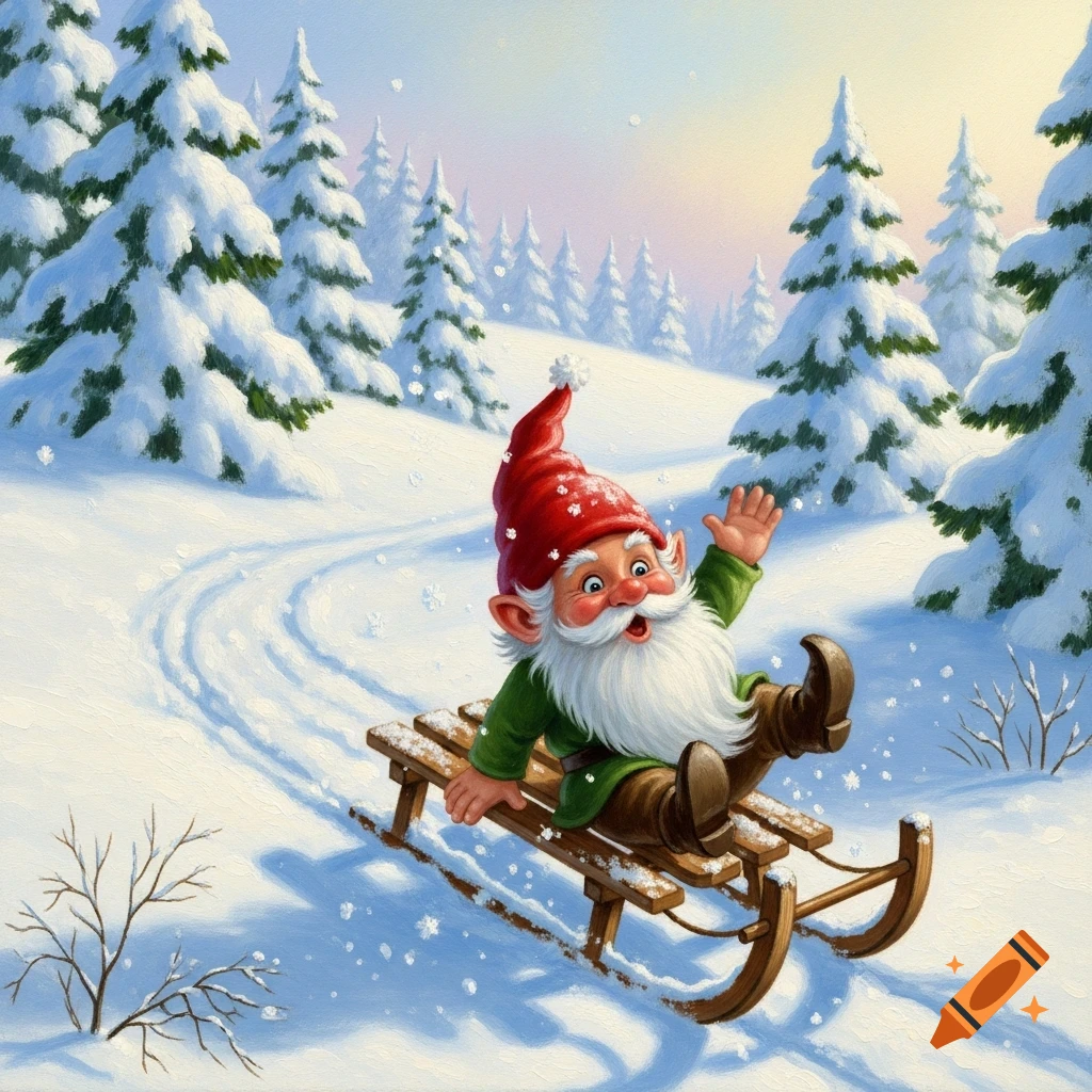 A happy cartoon gnome in a red hat and green coat tumbles off a wooden sled down a snowy hill surrounded by pine trees.