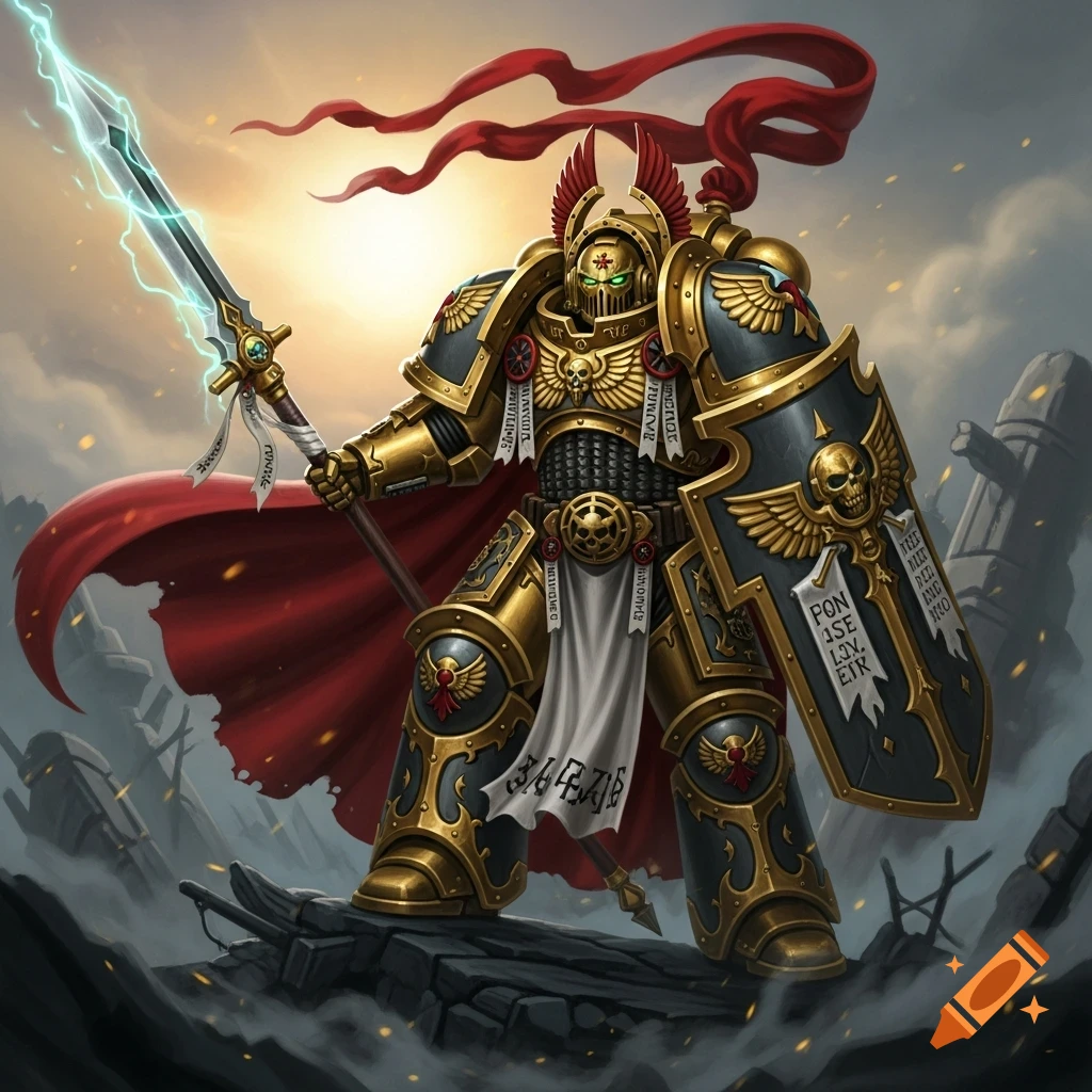 A heavily armored warrior, similar to a Warhammer 40k Adeptus Custodes, stands holding a glowing sword and shield in ruins.