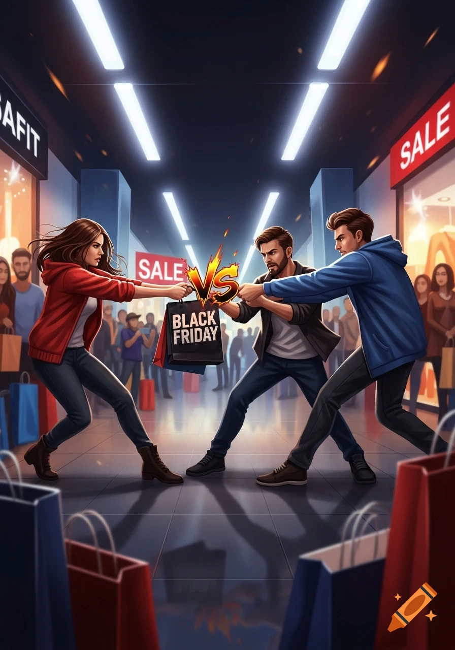 Three stylized people tugging a 'BLACK FRIDAY' shopping bag in a brightly lit mall, with 'SALE' signs in the background, depicting a shopping struggle.