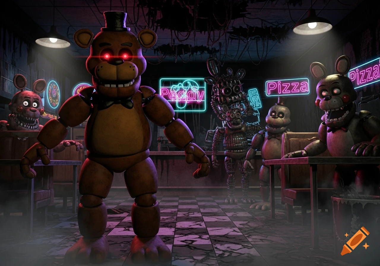 Freddy Fazbear with glowing red eyes and other animatronics stand in a dark, run-down restaurant with neon signs.