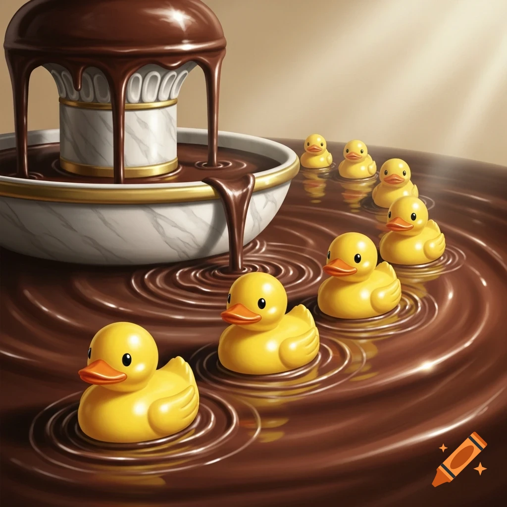 Rubber ducks swim in a flowing chocolate fountain.