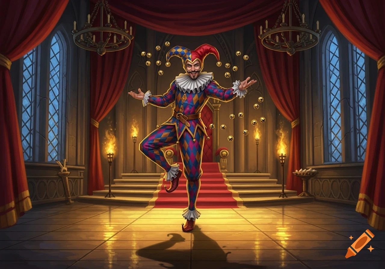 A smiling jester in a colorful harlequin costume poses in a grand castle hall with red drapes, juggling golden orbs.