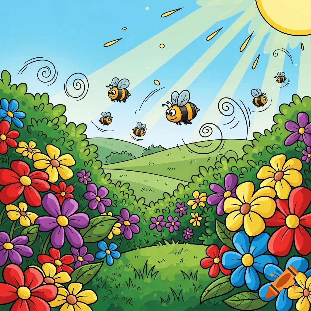 Sunny cartoon landscape with colorful flower bushes, green hills, and bees flying.