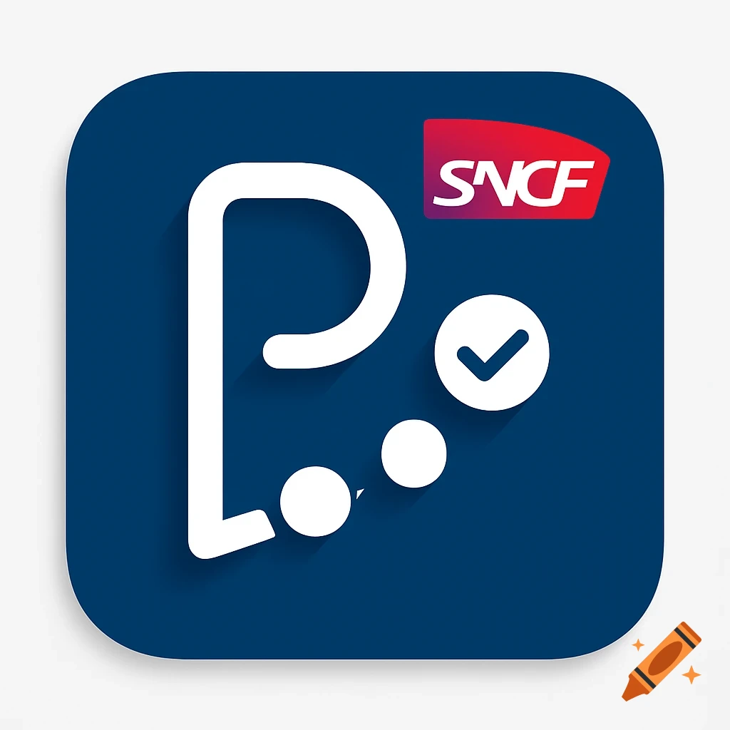 Modern SNCF training app icon with a white curved P, three dots, a checkmark, and a red SNCF logo on a blue background.