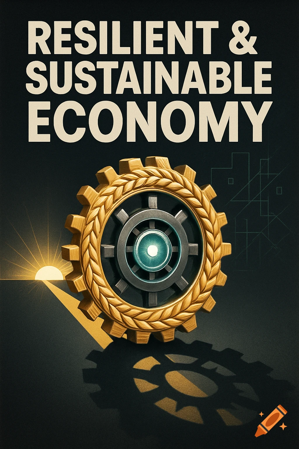 Poster with 'RESILIENT & SUSTAINABLE ECONOMY' text above a golden wheat gear, steel core, and sunrise path.