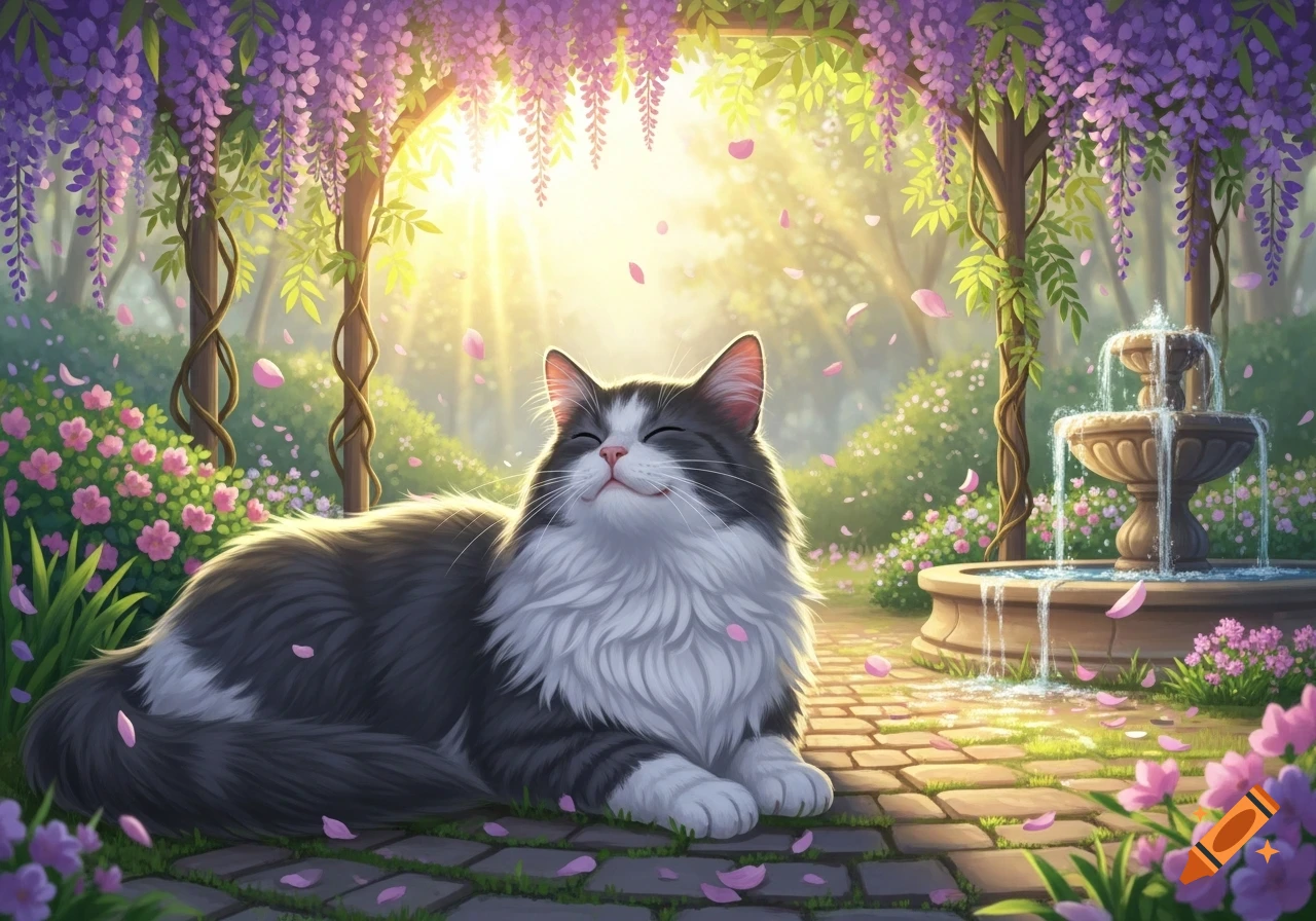 A happy fluffy cat reclines on a stone path in a sunlit wisteria garden with pink flowers and a fountain.