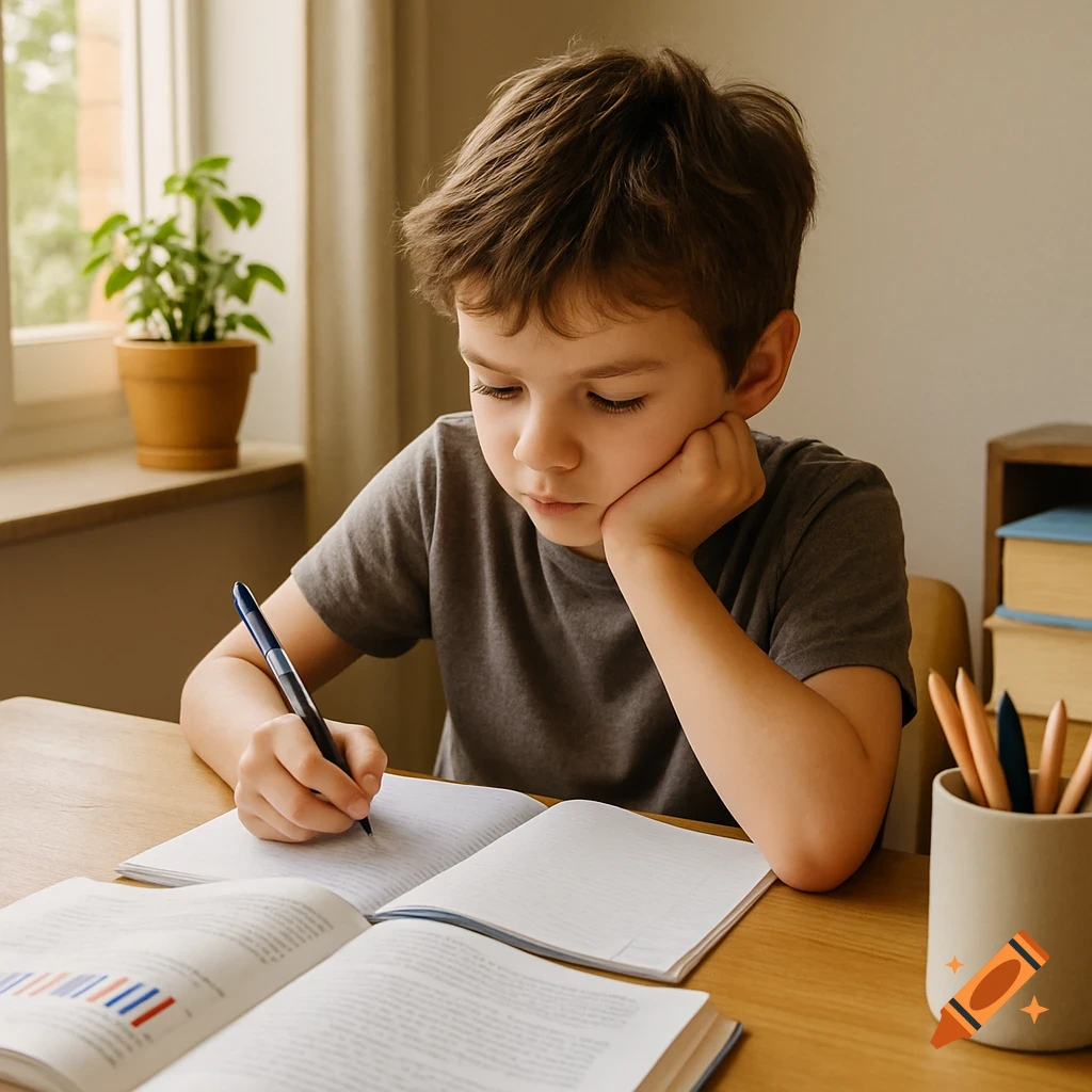 A young boy with brown hair sits at a wooden desk, focused on writing in a notebook with a pen, next to an open book.