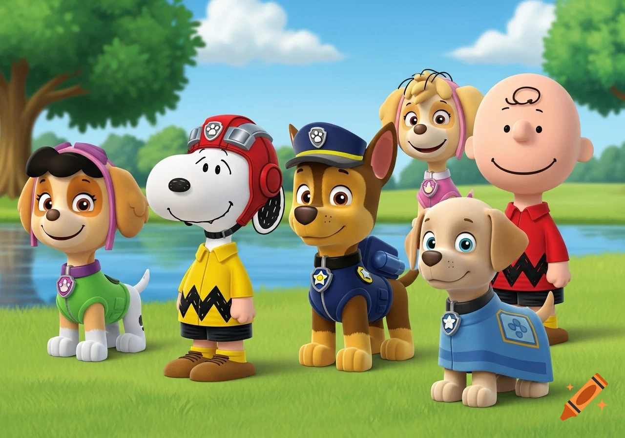 Cartoon characters including Snoopy in Charlie Brown's shirt, Paw Patrol pups Skye, Chase, and a golden retriever pup, with Charlie Brown, in a sunny park by a lake.