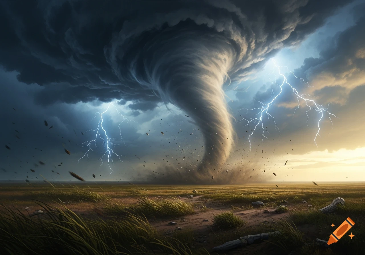 A powerful tornado with lightning striking under dark, stormy skies over a flat, grassy landscape.