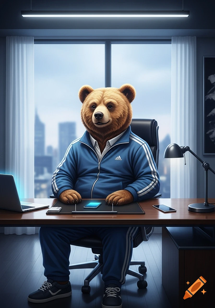 A photorealistic humanoid bear in a blue tracksuit sits at a desk in a modern office with a city view through a large window.