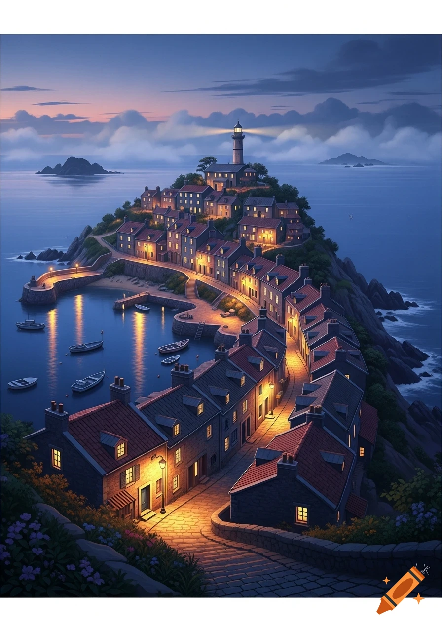 An illustrated vibrant coastal village built on a hill, with a shining lighthouse overlooking a harbor at dusk.