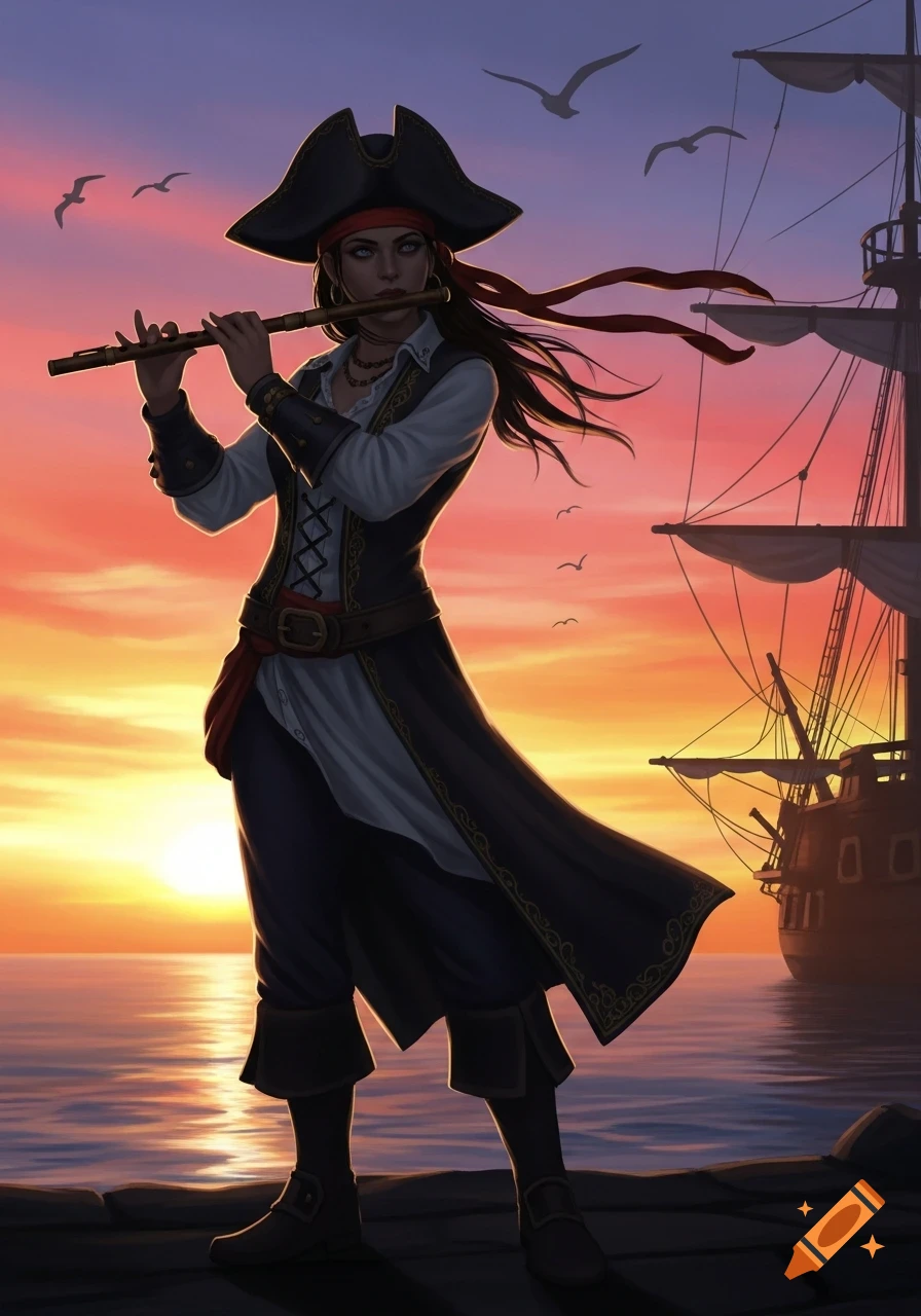 An illustration of a pirate girl playing a flute on a dock at sunset, with a ship in the background.