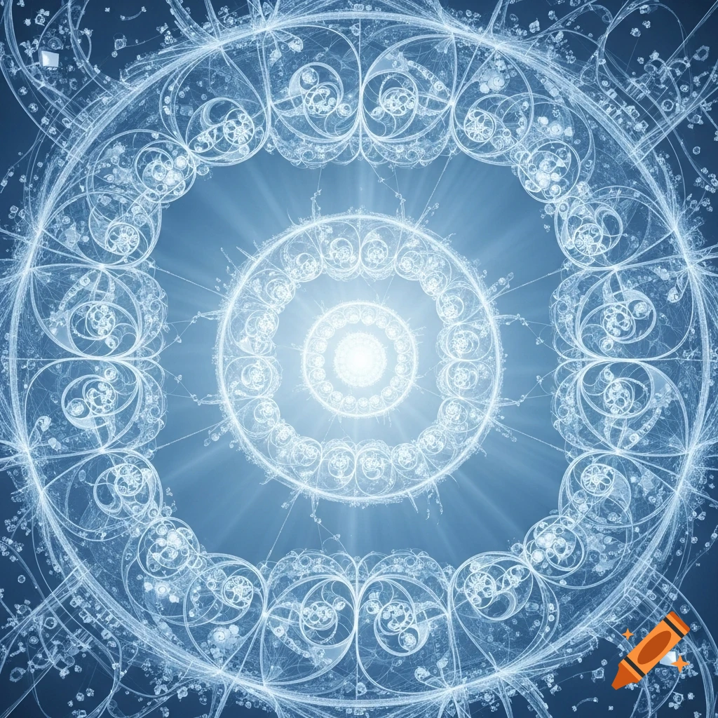 An intricate, symmetrical light blue circular pattern, resembling a fractal or mandala, with a bright glowing center.