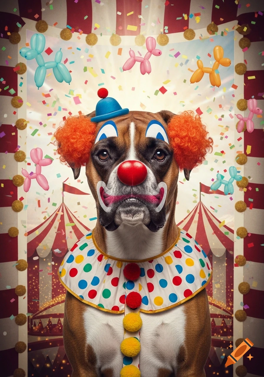 A Boxer dog dressed as a clown with a red nose and orange wig, against a circus background with confetti and balloon animals.