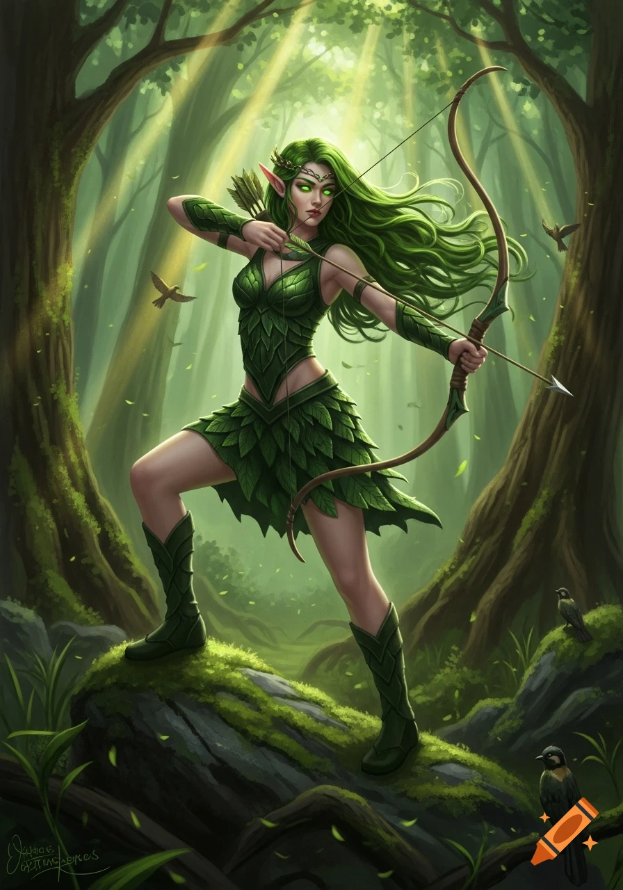 A green-haired elf archer in a leaf outfit stands poised with a bow and arrow in a sunlit forest, with birds.