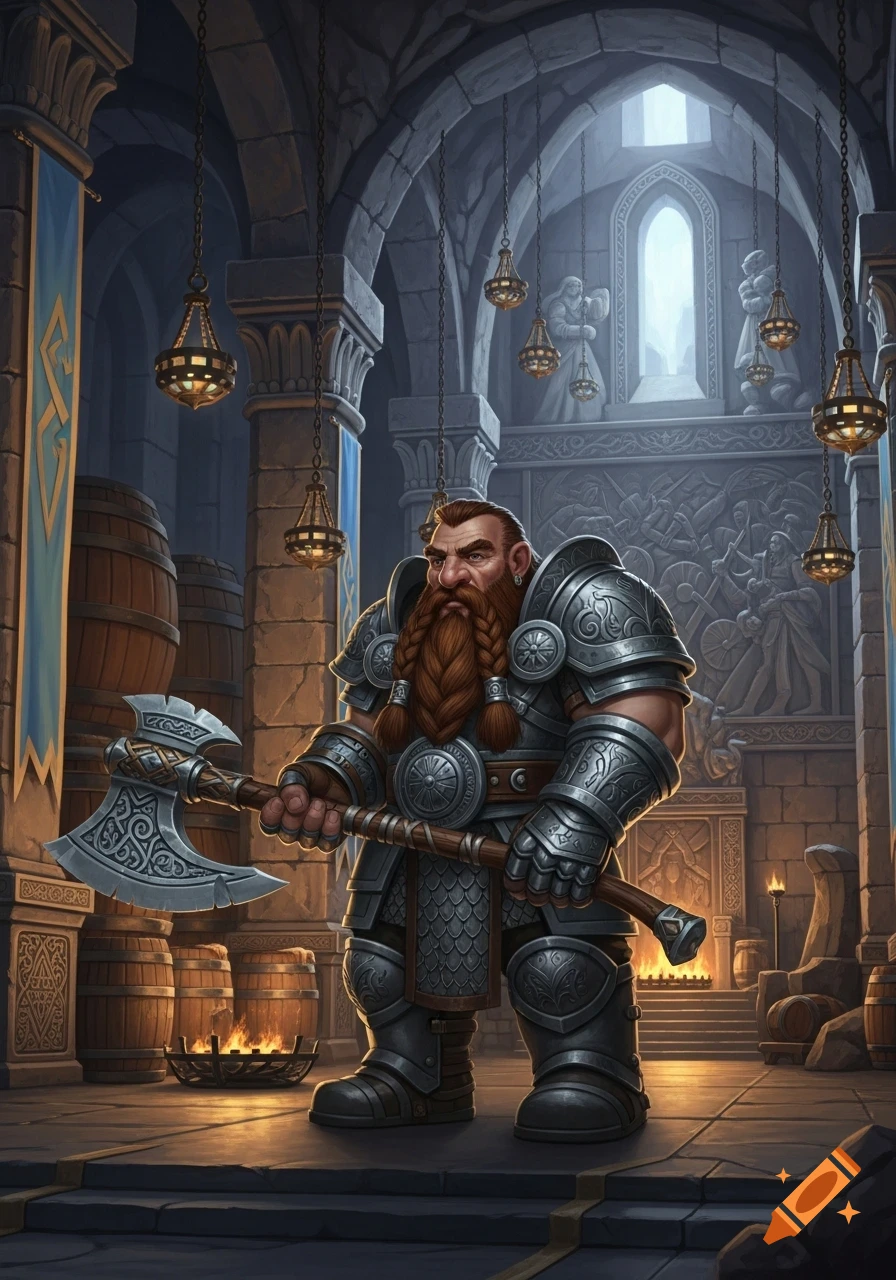 A mighty dwarf warrior in ornate silver armor holds a large, detailed axe in a grand stone hall with barrels and hanging lamps.