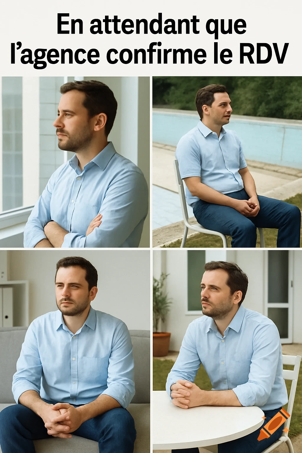 Four panels show a man in a blue shirt waiting in different settings. Text: 'En attendant que l agName confirme le RDV'.