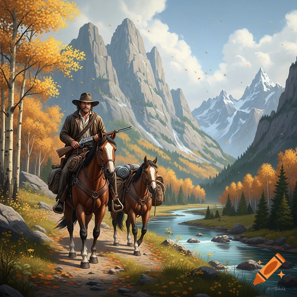 A digital painting of a mountain man on horseback with a rifle, leading a pack horse through an autumn mountain valley with a river.