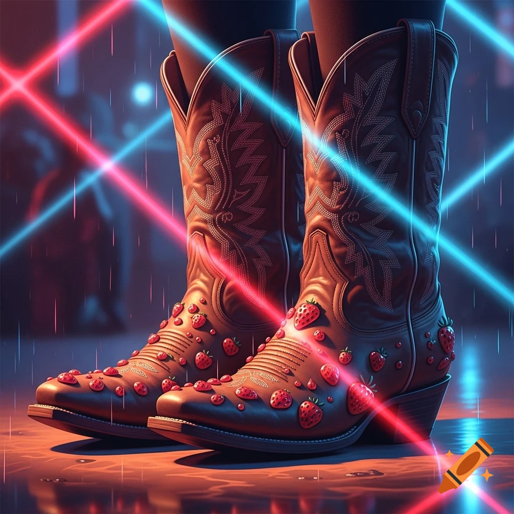 Brown cowboy boots adorned with strawberries, lit by red and blue neon lights, reflecting on a wet surface.