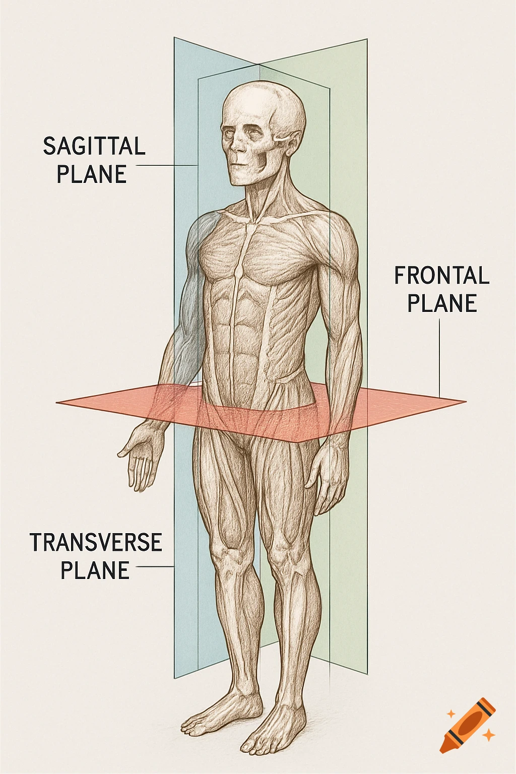 An anatomical diagram of a human body with muscles visible, intersected by sagittal, frontal, and transverse planes.