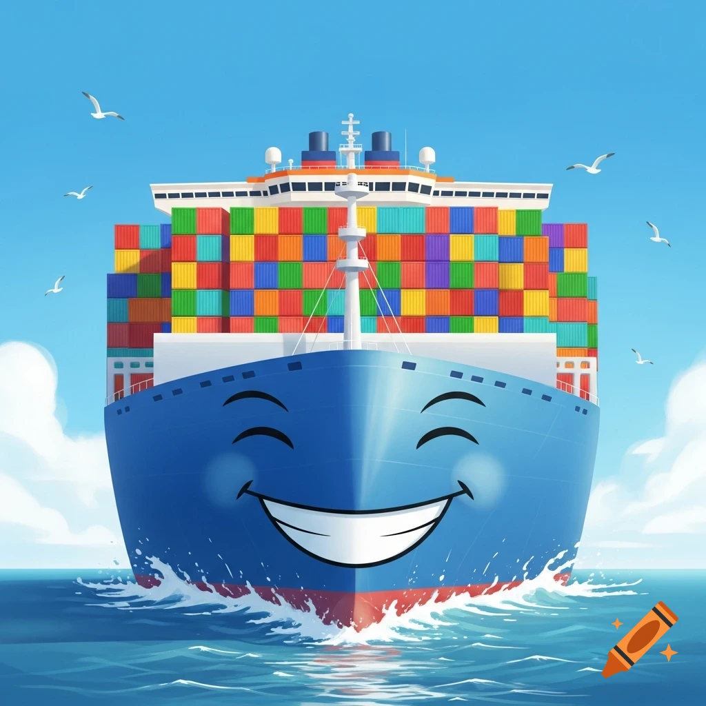 Smiling cartoon cargo ship with colorful containers sails on a blue ocean.