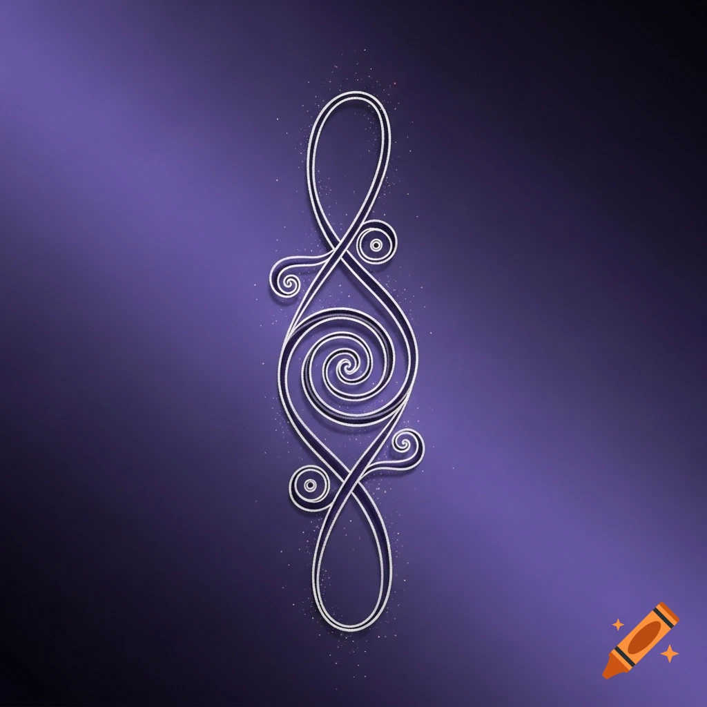 A decorative white Unalome symbol, an abstract spiritual design, set against a dark purple gradient background.