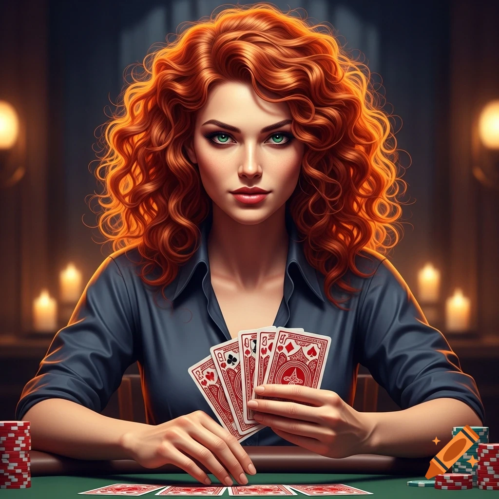 Photorealistic woman with vibrant curly red hair and green eyes playing Texas Hold'em poker at a table with cards and chips.
