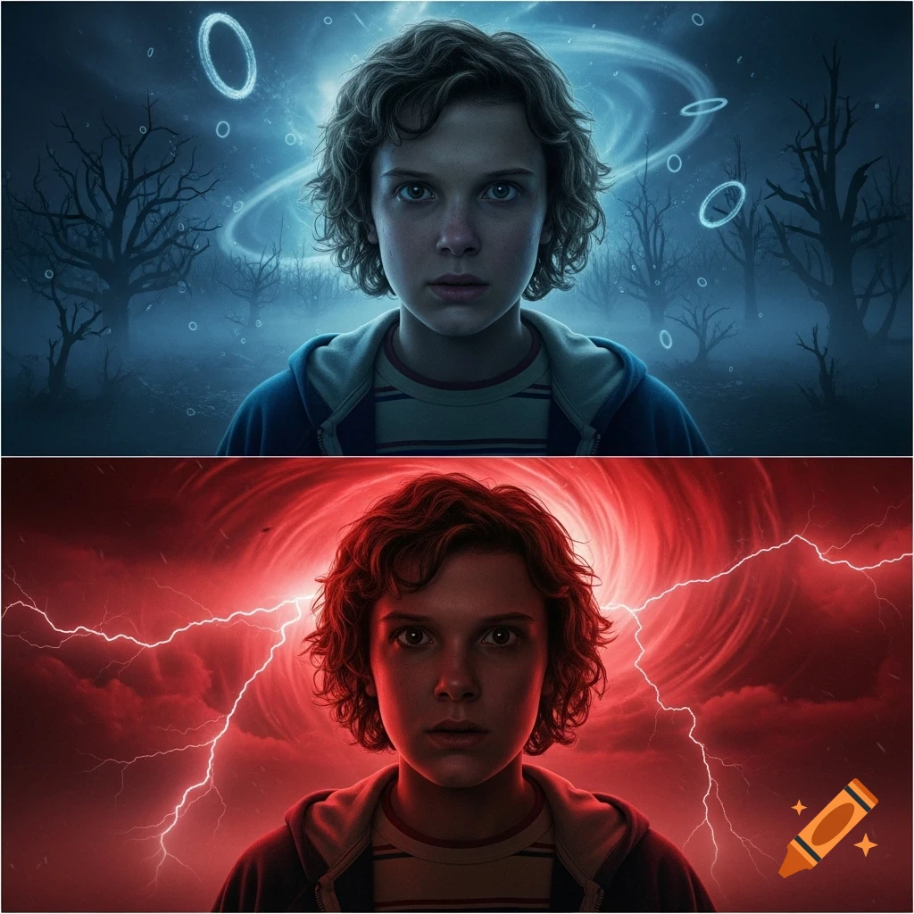 Two-panel photorealistic portrait of a girl with short curly hair. Top in a blue, foggy forest with glowing rings; bottom in a red stormy sky with lightning.