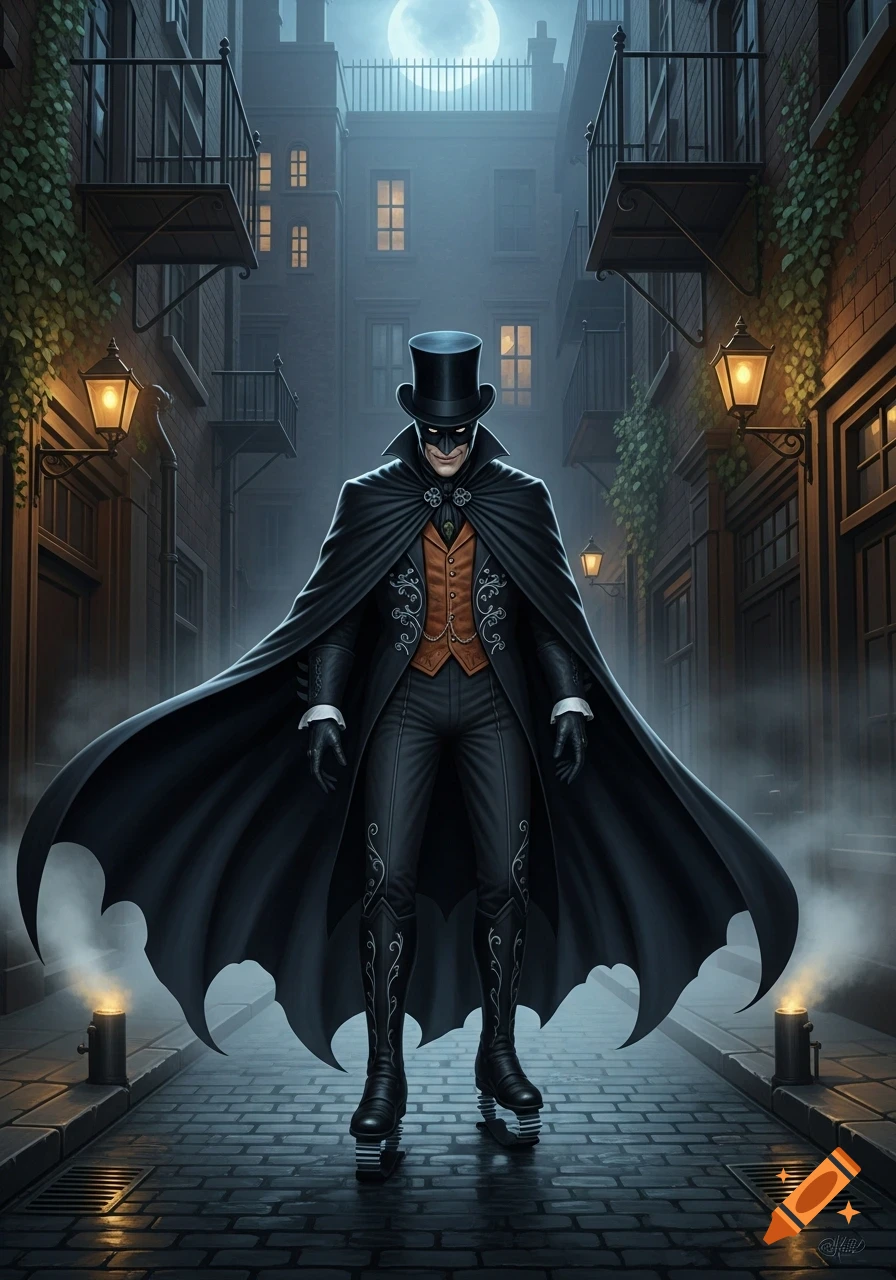 A masked figure in a black cape, top hat, and Victorian suit with spring-heeled boots stands in a foggy, gaslit alley under a full moon.