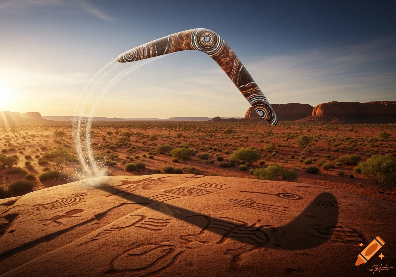 An ornate boomerang with aboriginal patterns flies over a vast desert landscape at sunset, leaving a sparkling trail above carved rocks.