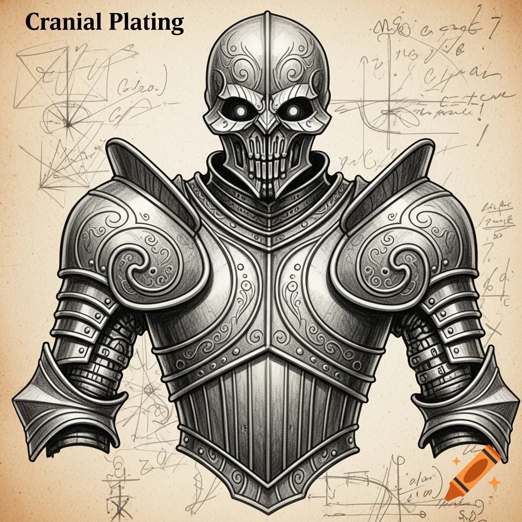 A Da Vinci-style sketch of a skull in ornate fantasy armor with "Cranial Plating" text and technical diagrams in the background.